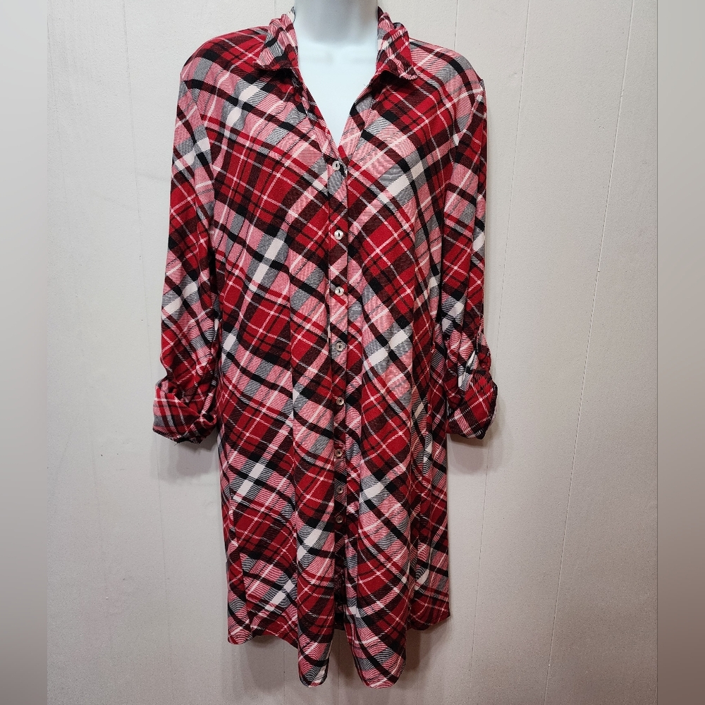 Allison Brittney Dress Large Plaid Roll Tab Sleeves Red Lightweight Casual C151Z
